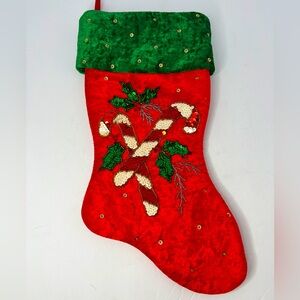 Vintage Red & Green Crushed Velvet Sequin Christmas Stocking Candy Cane Design